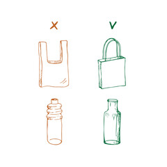 Hand drawn elements of zero waste life in vector. Eco style. No plastic. Go green