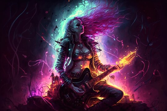 A sexy female rock guitarist playing an electric guitar surrounded by flames and set against a vibrant and energetic neon background, generative ai