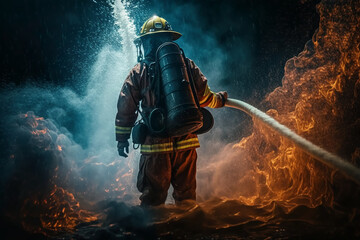 A firefighter exting a fire with a hose, Generative Ai