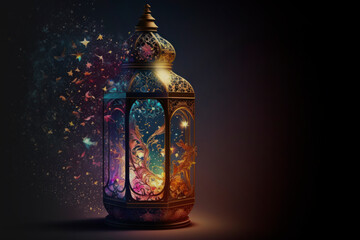 Oriental vintage lantern with colorful butterflies, AI Generated background
