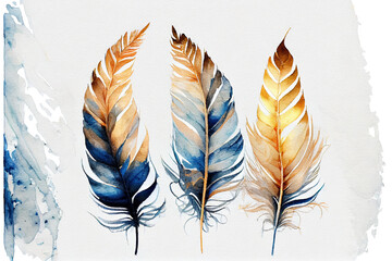 Set of bird feathers on a white background, watercolor drawing. Abstract illustration, design element. Generative AI.