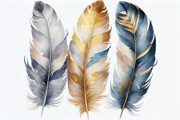 Colorful bird feathers on a white background, watercolor drawing. Abstract illustration, design element. Generative AI.