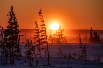 The sun sets behind a distant ridge near the coast of the Hudson Bay in northern Canada. In the...