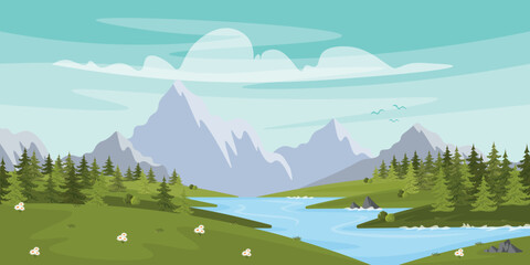 Vector illustration of a beautiful sunny mountain landscape. Cartoon summer landscape with blue sky with clouds, mountains, birds, forest, river, flowers.