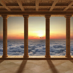 Antique colonnade on a background of evening sunset on sea