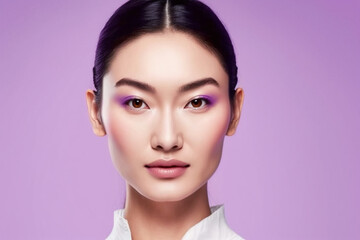 Fototapeta premium Beautiful asian model with luminose skin on colored background created with ai generative tools