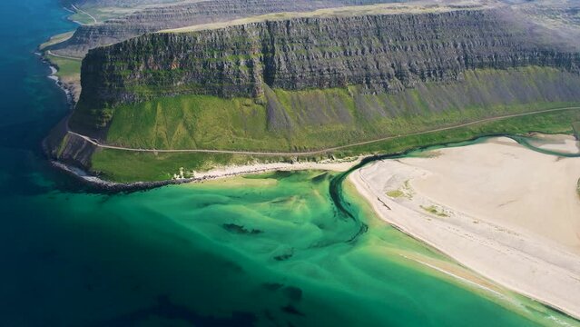 Aerial view of Tungurif Golden beach along the coastline, Westfjord, Iceland.