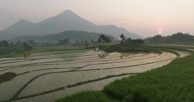 Aerial: Beautiful View Of Tranquil Mountains By Sun In Sky, Drone Flying Forward Over Wet Cultivated Landscape - Java, Indonesia