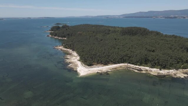 Aerial view of Illa de Cortegada, a small island in Vilagarcia de Arousa, Galicia, Spain.