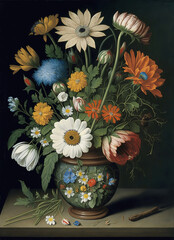 chamomile and other colorful flowers in a vase, art illustration 
