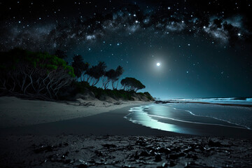 Fototapeta na wymiar Scenery very peaceful with a beach at night with stars visible in the sky. Generative AI