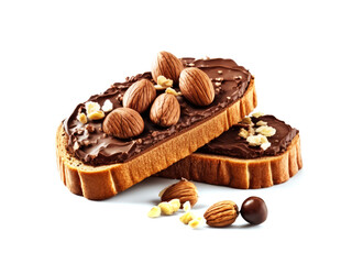 Bread with Chocolate Paste and Hazelnuts on White Background