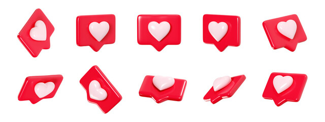Speech bubble with heart 3d render icon set - red love message or social media like notifications.