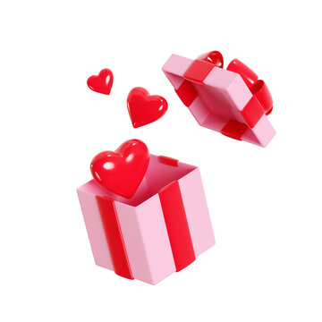 Open gift box with hearts flying away 3d render illustration - romantic love pink floating present box with red ribbon.