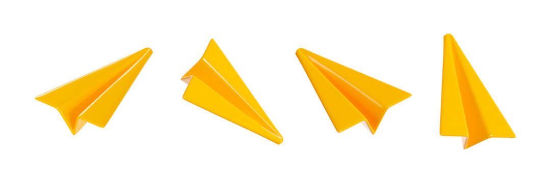 Paper plane 3d render - set of cartoon yellow origami airplane icon for email or new message concept.