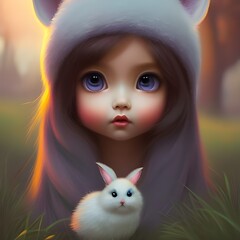 Fantasy land with cute little girl with little white furry animal in the forest, created with Ai generative tools