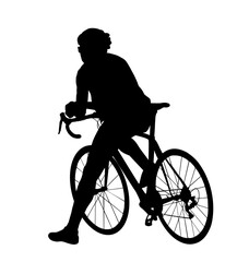 Fototapeta na wymiar Time out bicyclist man vector silhouette illustration isolated on white background. Boy riding bicycle. Cyclists resting and watching on road. Pause after mountain race. Sportsman break after route.
