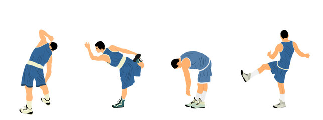 Basketball player stretching vector illustration isolated on white background. Sportsman boxer warming up before boxing game. Strain racking on court. Sport boy workout in gym. Fit man exercise.  - obrazy, fototapety, plakaty