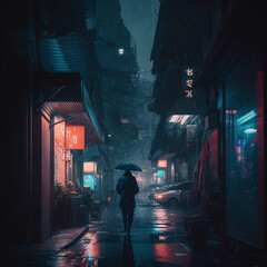 person walking in the night, IA, rain, lights on