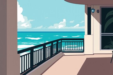 Fototapeta na wymiar view from a balcony looking out at the water and Miami Beach, with a turquoise sea and a blue sky in the distance. Generative AI