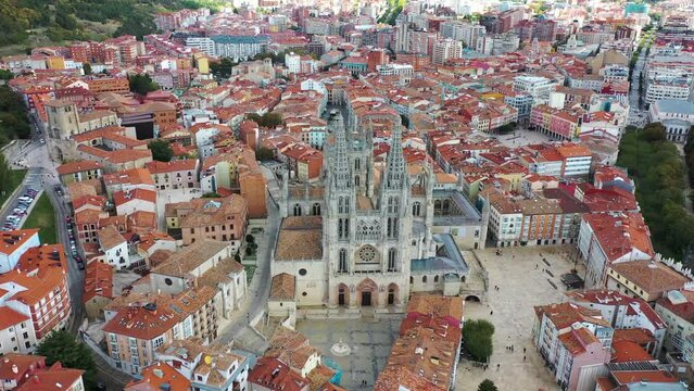 Aerial view of Burgos cathedral in old town along Arlanzon river, Spain.