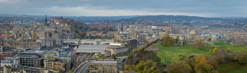 Edinburgh, Scotland.  Edinburgh city centre aerial view from Calton Hill showing Edinburgh Castle,...