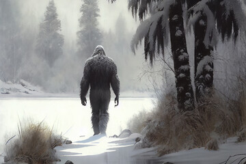 digital illustration, big foot, sasquatch, ,wildlife photography concept, ai generated, 