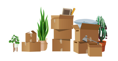 Vector set boxes and plants moving house, removal relocation - obrazy, fototapety, plakaty