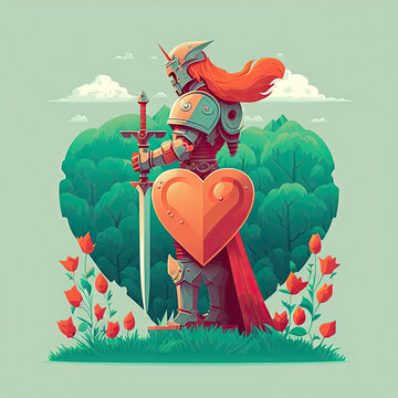 a cartoon character with armor holding a heart-shaped shield and a sword