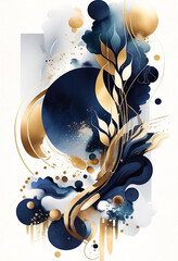 Modern print. Poster with abstract arrangement in dark style. Strong colors like navy blue, ivory, beige. Watercolor Illustration and gold elements on white. Floral and geometric mix. Generative AI.