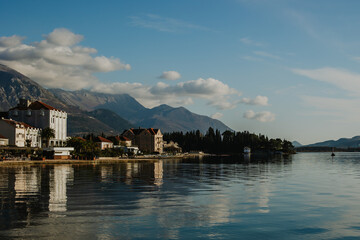 Fototapeta na wymiar Amazing view of Tivat and the sea in a sunny day. Travel destination in Montenegro.