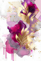 Modern poster with abstract arrangement in vivid style. Colors like magenta, gold, pink, red. Watercolor Illustration and gold elements on white. Floral and geometric mix. Generative AI.