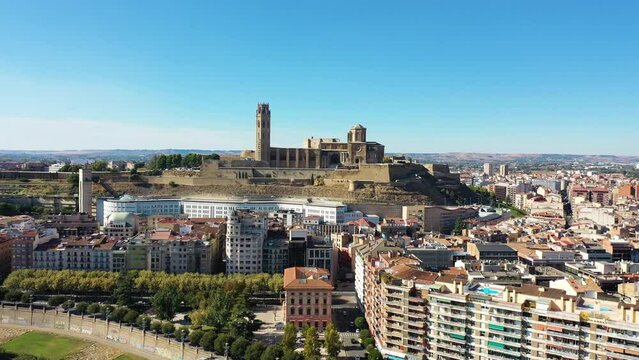 Aerial view of Castel de la Suda Castle and Seu Vella, a hilltop cathedral in Lleida old town, Catalonia, Spain.