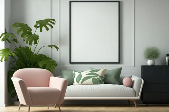 Living room background with mock up poster frame in a modern decor, illustration. Generative AI