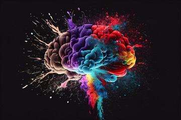 Abstract background with illustration of amazing human brain. The graphic shows the creative thinking of a man. Colorful paint splash. Lots of ideas and concrete action. T-Shirt design. Generative AI. - obrazy, fototapety, plakaty