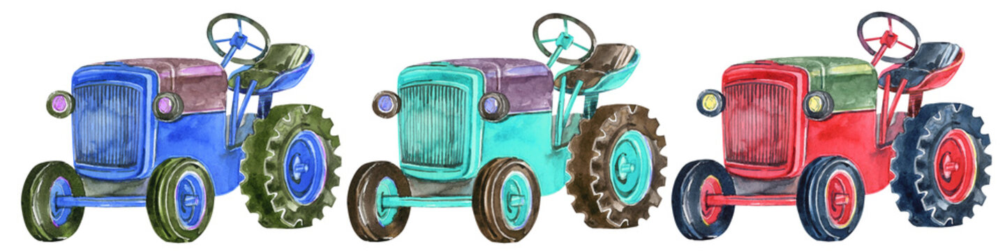 Red tracktor. farm clipart.
 Stock illustration. Hand painted in watercolor.