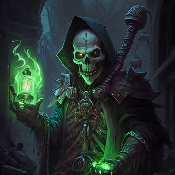 Evil necromancer raising the dead green light flames created with AI