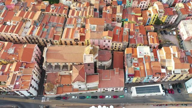 Aerial view of Bosa, a small colourful town near Oristano, Sardinia island, Italy.