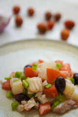 Esqueixada, Cod fish salad with tomato and onion, olives , typical Catalan dish, Barcelona, ,Spain