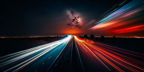 Fototapeta na wymiar A high-speed highway at night with a long exposure is a celebration of the beauty of motion and light