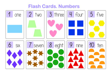 Geometry shapes cute colorful mathematic symbols number learning printable flash cards, educational worksheet for kids, nursery, kindergarten, pre-school or leisure activity, teacher resources, game