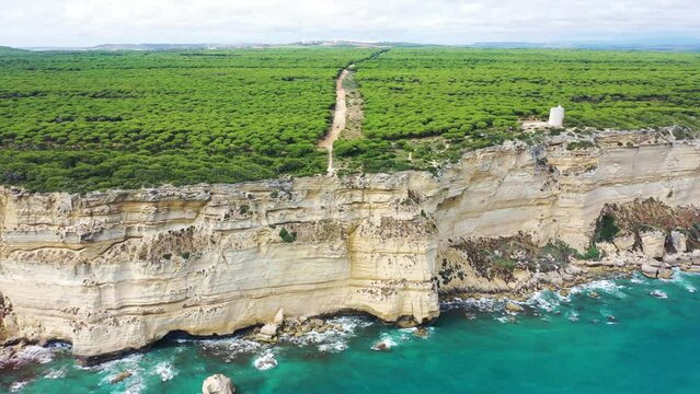 Aerial view of the cliffs on the coastline of Barbate, Andalusia, Spain.