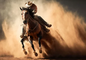 Rolgordijnen Cowboy riding a bucking bronco horse in a dusty rodeo arena, generative Ai © Jackson Photography