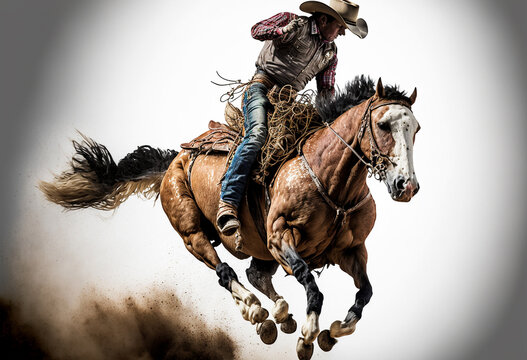 Cowboy Riding A Bucking Bronco Horse In A Dusty Rodeo Arena, Generative Ai