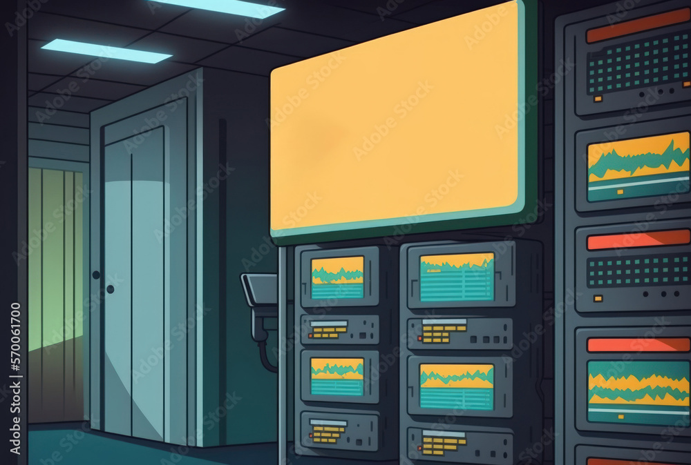 Poster in the server room data center, the monitor display reads network fault and has copyspace for the te