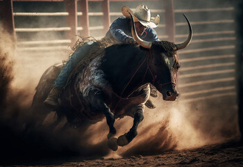 Bucking bull riding in the dusty arena of a country rodeo, generative Ai - obrazy, fototapety, plakaty