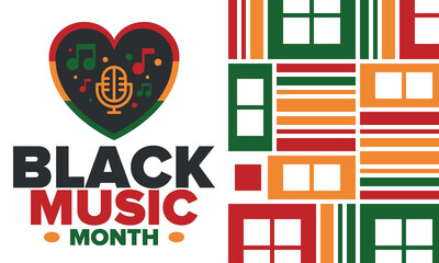 Black Music Month in June. African-American Music Appreciation Month. Celebrated annual in United States. Music concept. Poster, card, banner and background. Vector illustration