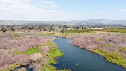 Sea of Galilee, Israel - 4 November 2022: Aerial view of people kayaking in a lake.