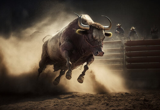 Bucking bull riding in the dusty arena of a country rodeo, generative Ai