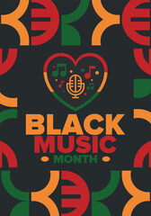 Black Music Month in June. African-American Music Appreciation Month. Celebrated annual in United States. Music concept. Poster, card, banner and background. Vector illustration